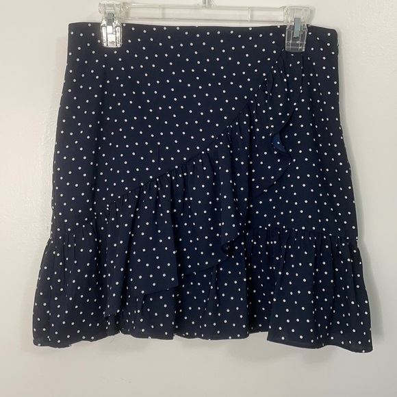 LOFT Navy Polka Dot Ruffle Wrap Skirt Size 6 - Picture 3 of 8